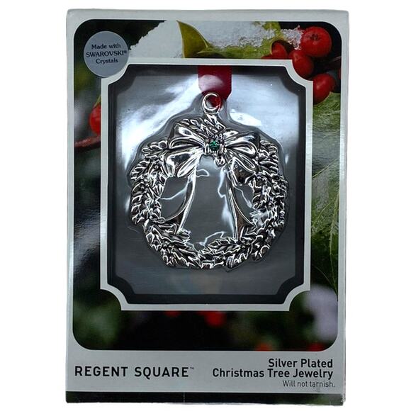 Regent Square Silver Plated Wreath Ornament W/ Swarovski Crystal- New In Box - Picture 1 of 7